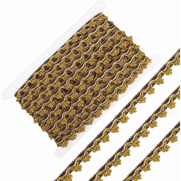 24 Yards Metallic Lace Ribbon Filigree Edging Decorative Trim Gold Brown Glitter Flower Wavy Edge Applique Woven Trim Floral Embroidered Fabric Ribbon for Sewing Wedding Curtain Lampshade Brown DIY