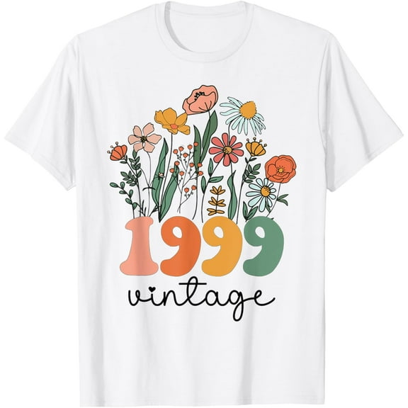 24 Years Old Vintage 1999 24th Women Birthday Wildflower T-ShirtMen and women, White T-shirt, size: Extra large