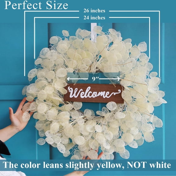 24" Yellow & Cream Fake (Not Real-Looking) Winter Fall Wreaths for Front Door Boho Year Round Farmhouse Porch Door Decor Beige Eucalyptus Lunaria Annua Door Wreath