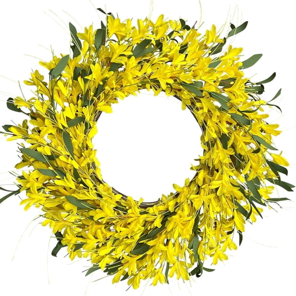 24'' Yellow forsythia Door Wreath, Summer Wreaths for Front Door Outside, Hand Made Artificial Forsythia Flower Wreath for Front Door Window Wall Farmhouse Home Gift