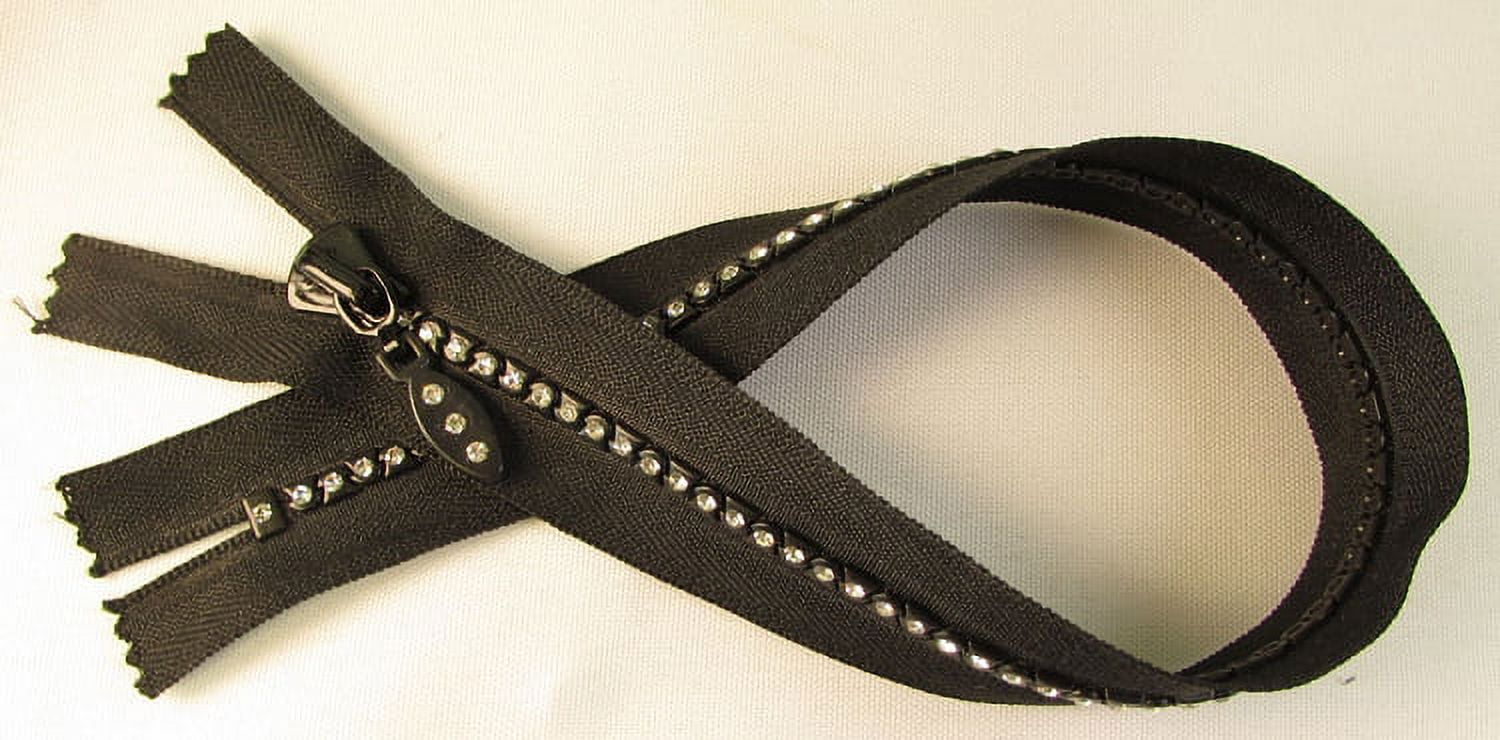 24 Zippers - Black Closed-Bottom 14" Rhinestone Crystals Stones Zipper (M418.01-24zips)