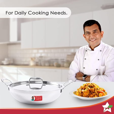 24 cm Tri-Ply Stainless Steel Kadhai with Lid, 2.6mm Thickness, Induction Compatible, 10 Year Warranty