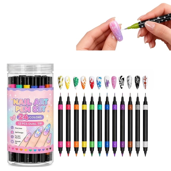24 colors dual ended nail art pens set, Fine Liner and Wide Tip Nail Markers for Drawing, Coloring, DIY Manicure and Detailed Nail Design