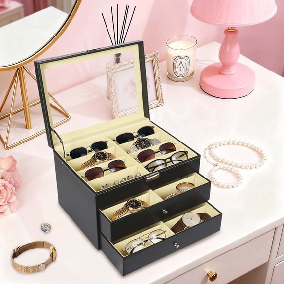 24-compartment Eyeglasses Display Case, Sunglass Glasses Display Drawer, 3 Tiers Sunglass Organize Box