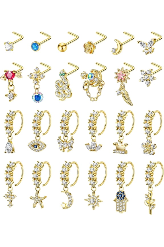 24 count 20G Dangle Nose Ring for Women L Shaped Dangling Nose Hoop Stud CZ 316L Stainless Steel Butterfly Heart Moon Indian Charm Nose Ring Nostril