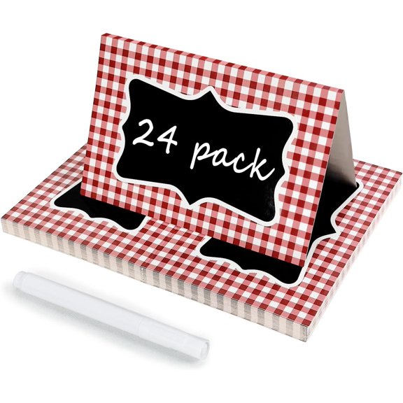 24 count BBQ Party Decorations, Place Cards for Table Setting Red Gingham Tent Card Chalkboard Signs with Marker Picnic Decor Labels for Buffet Birthday Shower
