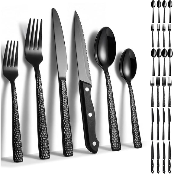 24 count Black Hammered Silverware Set with Steak  Stainless Steel Flatware Set for 4  Metal Tableware Serving Utensils Mirror Polished Cutlery Dishwasher Safe for Restaurant