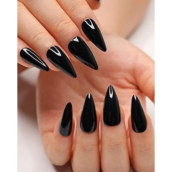 24 count Black Press  Nails Stiletto  Nails Medium Length Almond False Nails Tips Long  Glossy Stick   Solid Color Full Cover Fingernails Manicure for Women (Black)