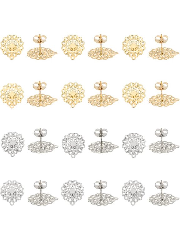 About 24 count Bohemian Stud Earring with Loop Stainless Steel Filigree Hollow Ear Stud Component with Stoppers Ear Nuts 0.7mm Pin Earring Posts for Making