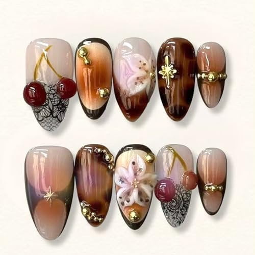 24 count Brown Leopard Press  Nails Medium Almond  Nails with   Beads Designs  Nails Tip Cute Cherry False Nails Full Cover Flower Leopard Print Almond Press  Y2k  Set for Women