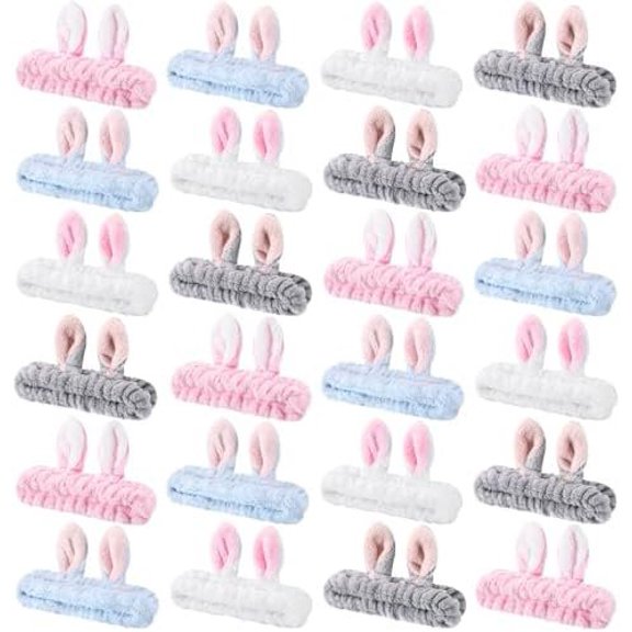 24 count Bunny Ear Headbands, Fuzzy Flannel Coral Fleece Makeup Headbands, Elastic Shower Hair Wraps, Cute Hairbands for Washing , Skincare for Women (Gray,,White,Blue)