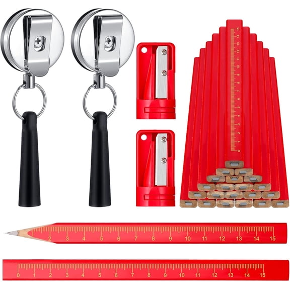 24 count Carpenter Pencils 7 Octagonal Hard Black Construction Flat Pencils with Retractable Pen Holder and Sharpener for Woodworking Marking(Red Cover, Black Refill)