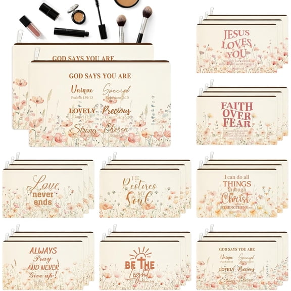 24 count Christian Floral Makeup Bags Bulk for Women  Verse  Bags with Zipper Inspirational Wildflower Canvas Travel Pouch Christian Gifts for Motivational  Organizer Supplies