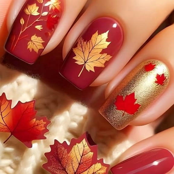 24 count Fall Press  Nails Short Square Maple Leaf  Nails Full Cover  Glitters Brown Autumn False Nails Glossy Sparkly Thanksgiving  Nails Glue   for Women Autumn Winter Manicure