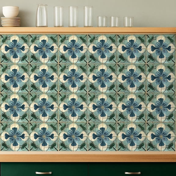 24 count Flower Tile Stickers 4x4 Inch Watercolor Retro Rustic Blue Turquoise Floral Peel and Stick Removable Adhesive PVC Tile Stickers Wall Decal for Kitchen Bathroom Backsplash