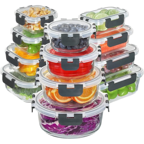24 count Glass  Storage Containers with , Airtight Glass Meal Prep Containers for Kitchen,  Lunch Box, Microwave and Freezer Safe