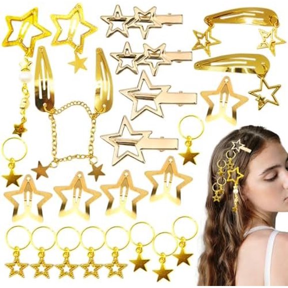 24 count   Hair Clips Hair Cuffs Rings Metal  Barrettes 10 Shapes Pentagram Y2k Barrettes for Women 2000s Hair Accessories for Girls()