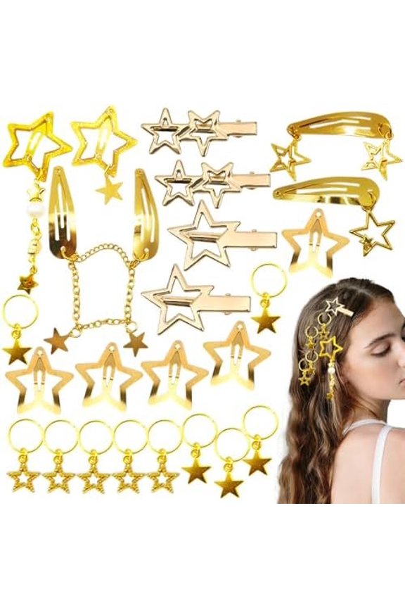 24 count   Hair Clips Hair Cuffs Rings Metal  Barrettes 10 Shapes Pentagram Y2k Barrettes for Women 2000s Hair Accessories for Girls()