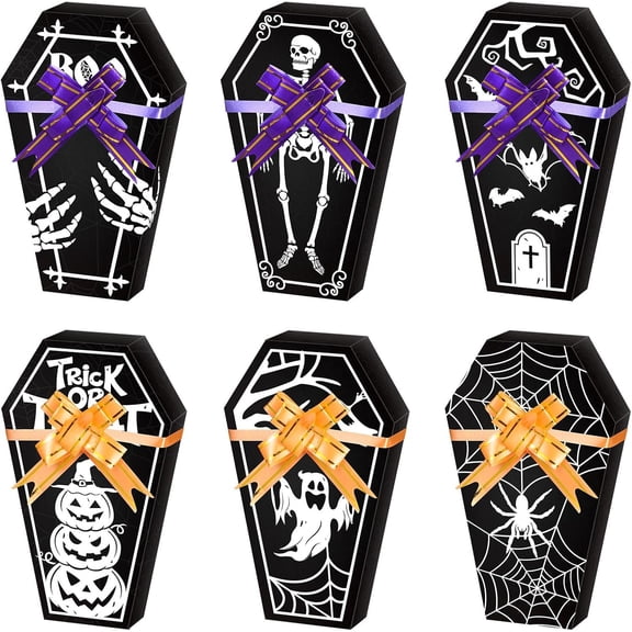 24 count Halloween Coffin Boxes with 30 Pull Bows Paper Coffin Goodies Candy Boxes Bulk Coffin Shape Gifts Box for Halloween Party Favors Packing Supplies, 6 Styles