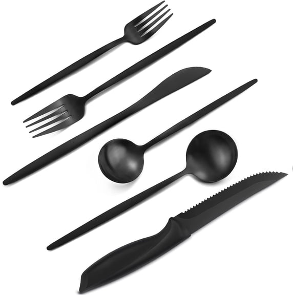 24 count Matte Black Silverware Set with Steak ,Satin Finish tableware Cutlery Set for  and Restaurant,Matte  Spoon and Fork Sets Service for 4,Dishwasher Safe