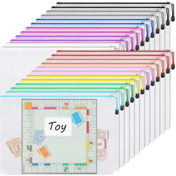 24 count Mesh Zipper Pouch Bags A3  Document Bag with Label Pocket, 16.9x12 Inches, Plastic Zip File Folders, Puzzles, Board  Storage for Organizing Office