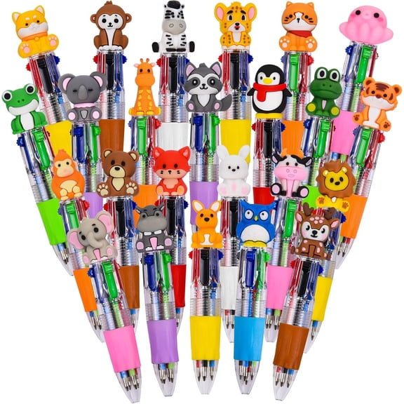 24 count  Multicolor Pen in  Cartoon Cute Fun 4-in-1 Cute Pens Bulk Kawaii Cow Monkeys Penguins Tigers Lions Foxes and Rabbits Shape Cool Ballpoint Pens for Fun Gifts
