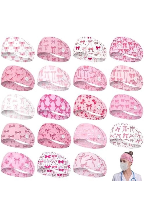 24 count Nurse Headbands with Buttons for Mask Non Slip Headbands for Women Ear Protection Wide Elastic Hair Band Nurse Week Gifts Breathable Workout Sweatbands for Adults(Bow Style)