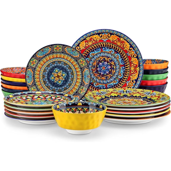 24 count Plates and Bowls Set, Bohemian Style Dinnerware Sets Service for 6, Porcelain Boho Dishes Set for Kitchen, Housewaring , Dishwasher and Microwave Safe, Series KRVI