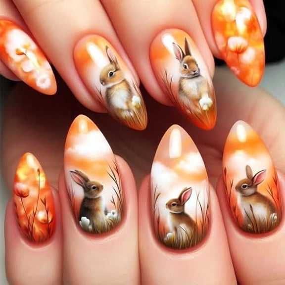 24 count Press Nails Cute Medium Almond False Nails Evening Nails Glossy Orange Gradient Nails Flower Glue Nails for Women Girls