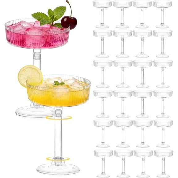 24 count Ribbed Martini Glasses 4.7oz Clear Plastic Coupe Glasses Disposable Dessert Parfait Cups Unbreakable Glassware for Wedding Birthday Party Supplies