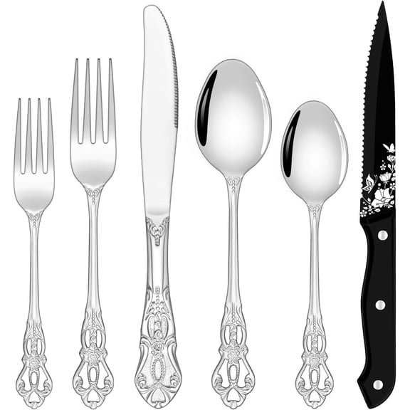 24 count Silverware Set for 4, Retro Royal Flatware Set with Stainless Steel Forks Spoons , Mirror Polished  Tableware Cutlery Set for Kitchen/Hotel/Party Utensils Set, Dishwasher Safe