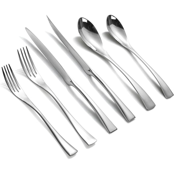 24 count Silverware Set with Steak ,Heavy Duty 18/10 Stainless Steel Flatware Set with Forged Stand ,Modern Cutlery,Mirror Polished,Dishwasher Safe (, 24 count Set)