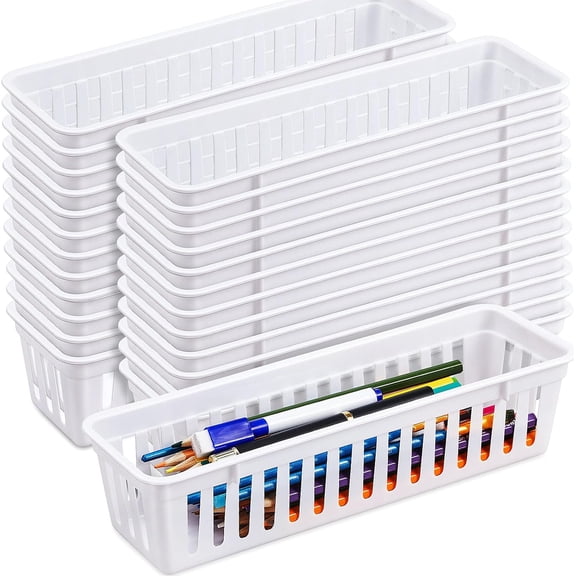 24 count Slim Storage Baskets Tray for Organizing 10.25 x 3.25 x 2.5 Inch Small Storage Bins Stackable Drawer Pencil Trays Holder for Desk Garage Office Containers(White)