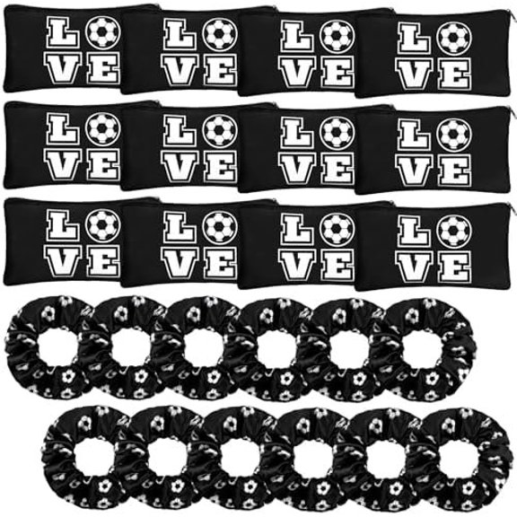 24 count Soccer Gifts 12 Makeup Bag 12 Satin Scrunchies for Girls Portable Travel Bag Elastic Hair Ties Soccer Favors for Women Girls Team Players(Black)