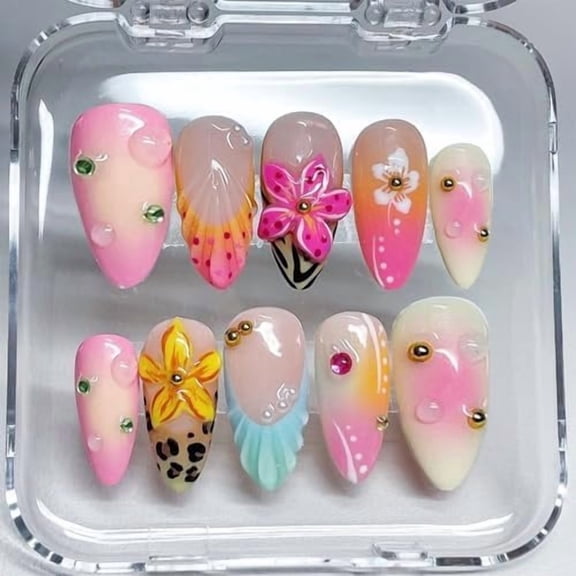 24 count Summer Flower Press Nails Medium Almond Nails with Seashell Designs Rhinestones Glue Nails Tip Nails Beach False Nails Hibiscus Flower Stick Nails for Women