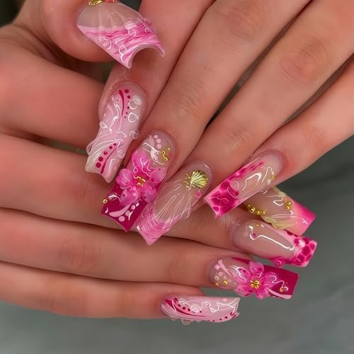 24 count Summer Press Nails Medium Square Nails with Rhinestones Floral Design Glitter False Nails Seashell Glue Nails Flower Nails Beach Stick Nails for Women