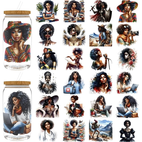 24 count UV DTF Stickers Black Girl UV DTF Cup Wrap for 16 oz | Brilliant Prints, Long Lasting Grip, Cold Transfer, Process UV , Layer Plus, Hundreds of Options