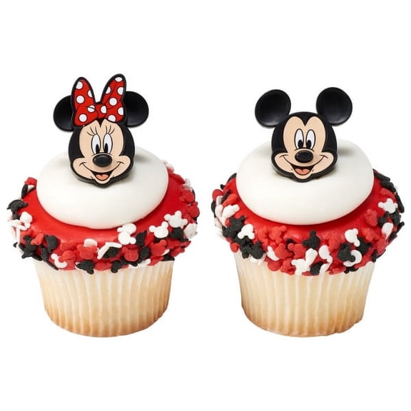 24 ct. Decopac Mickey Mouse and Minnie Mouse Plastic Cupcake Rings Toppers in Classic Red Bow Design.