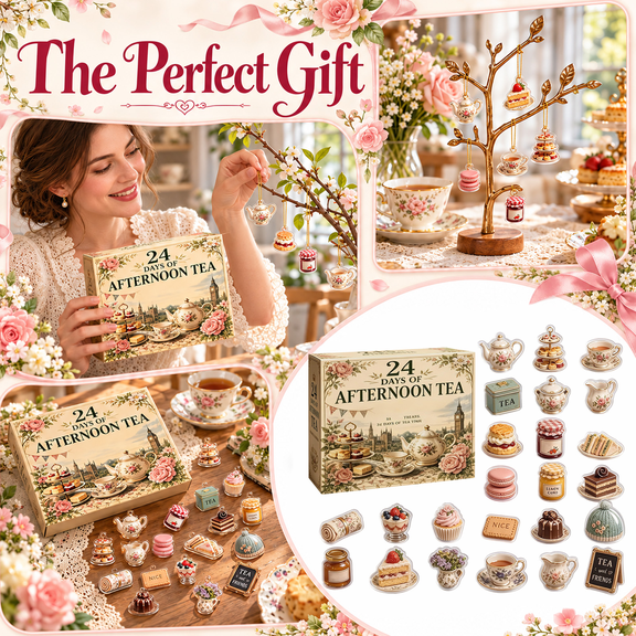 24 days of afternoon tea advent calendar, Tea Lover Advent Calendar 24 Days Christmas Countdown, Cute Afternoon Tea Acrylic Ornament Set with Teapot Teacup Macaron Scone and Cookie, Vintage