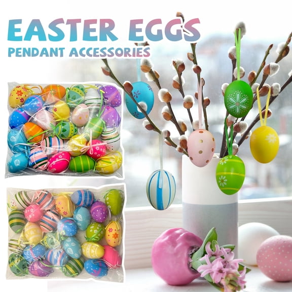 24 decorative Plastic Easter Eggs, Colorful Patterned designs with Hanging Strings, Ideal As Easter decorations for Tree, Easter Party decor and Spring Hanging decorations