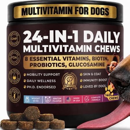 Pup Choice 24-in-1 Dog Multivitamin Chews with Glucosamine, Omega-3 & Probiotics - Joint, Skin, Coat & Immune Support, Bacon Flavor, 140 Count