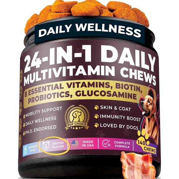 Pup Choice 24-in-1 Multivitamin Chews for Dogs with Glucosamine, Omega-3 & Probiotics – Joint, Skin, Coat & Immune Support, Bacon Flavor, 140 Count