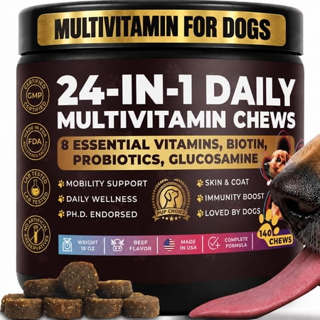 Pup Choice 24-in-1 Multivitamin Chews for Dogs with Glucosamine, Omega-3 & Probiotics – Supports Joint Health, Skin & Coat, Beef Flavor, 140 Count