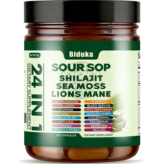 BIDUKA 24-in-1 Soursop Capsules with Shilajit, Sea Moss, Lions Mane, Ashwagandha & Elderberry, Vitamin C, D3 & Magnesium, 20:1 Extracts, Daily Multivitamin for Adults