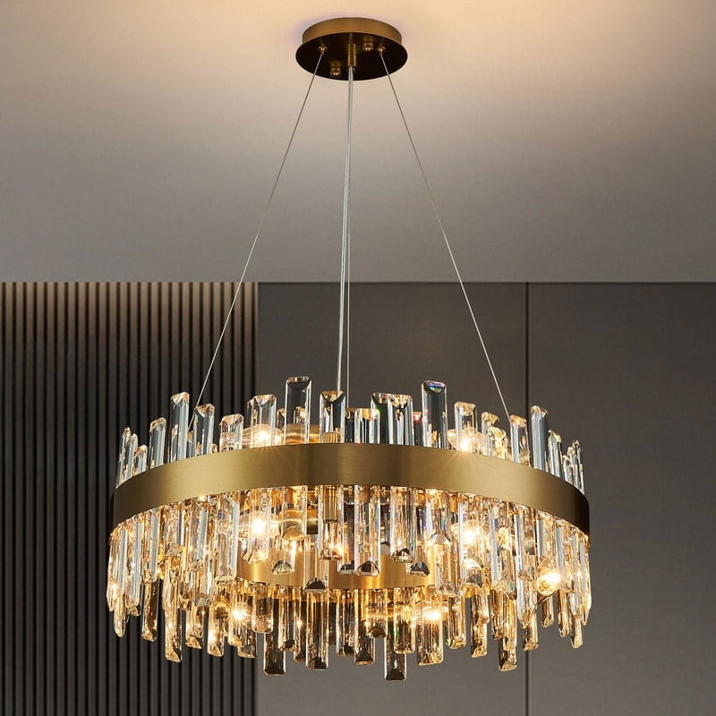 24'' Brass and Crystal 2-Tier Round Chandelier