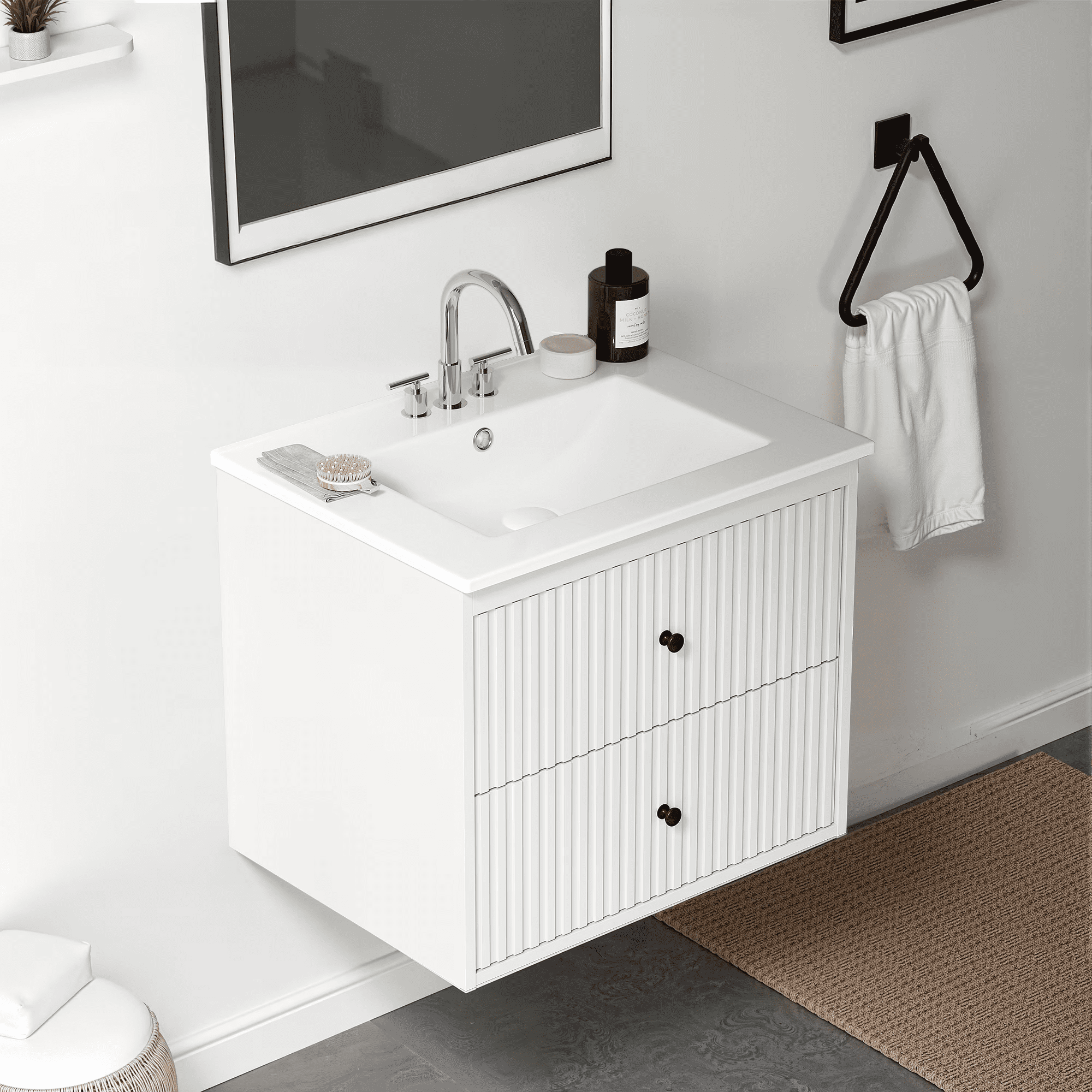 24 in Bathroom Vanity with Sink Set, Floating Storage Cabinet with Doors and Drawers, Modern Wall Mount, White
