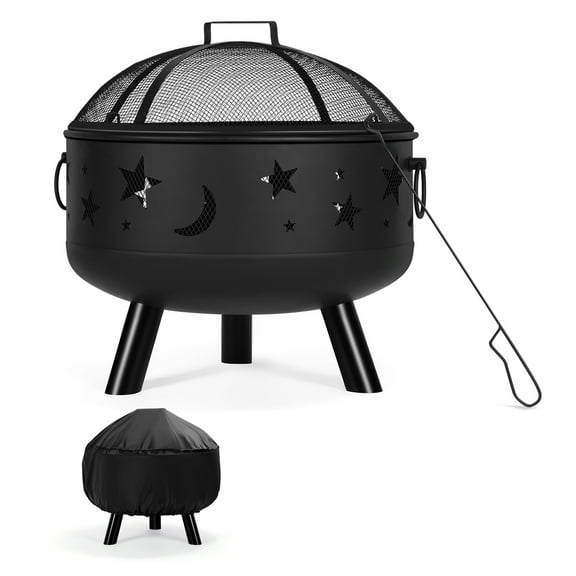 24 in Black Fire Pit with Cooking Grill, Fire Poker, and Cover