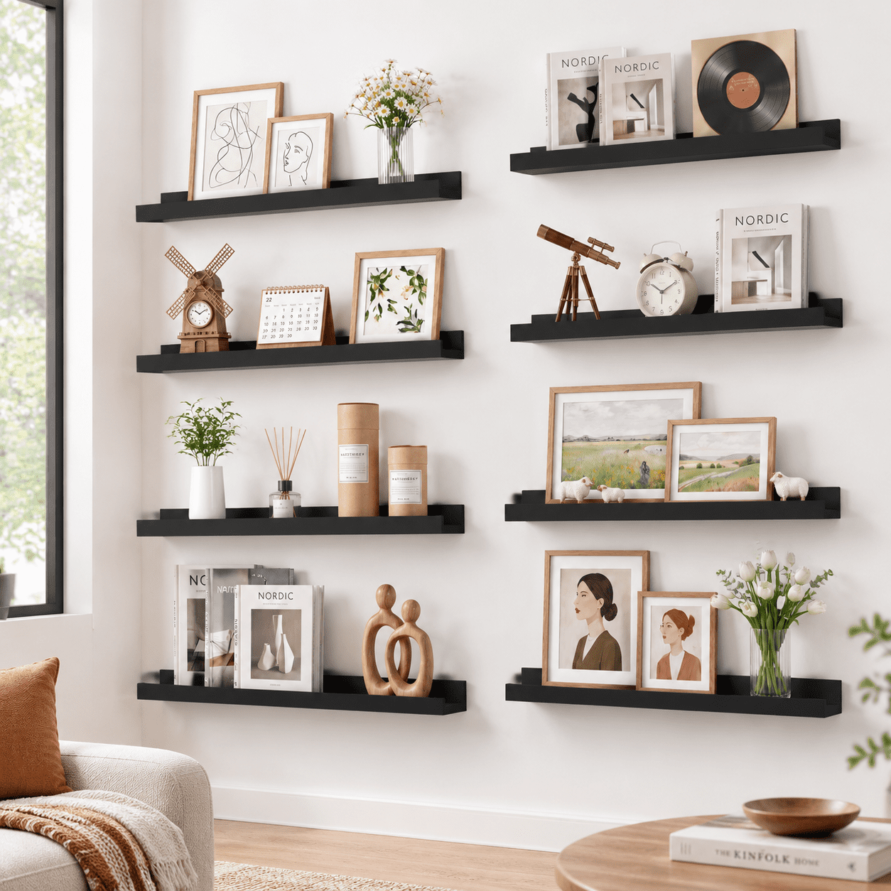 Mounted Display Shelf Racks 24 in Black Wall Mounted Floating Shelves Set of 8 with Lip for Display ...