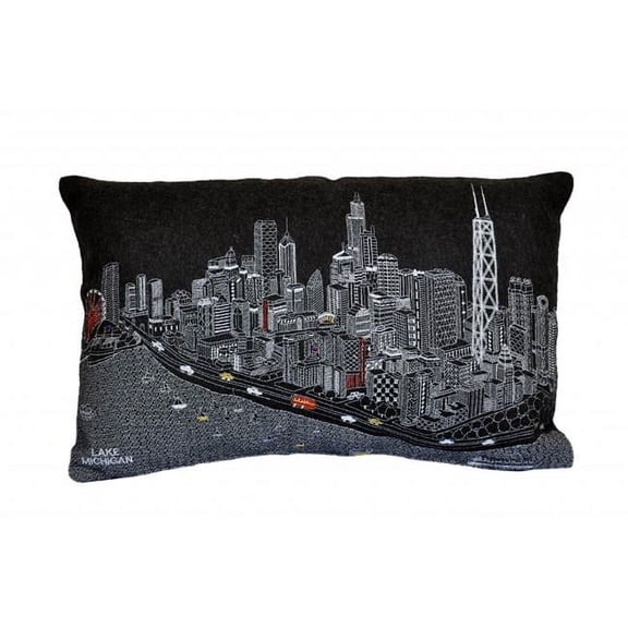 24 in. Chicago Nighttime Skyline Lumbar Decorative Pillow, Black & Grey