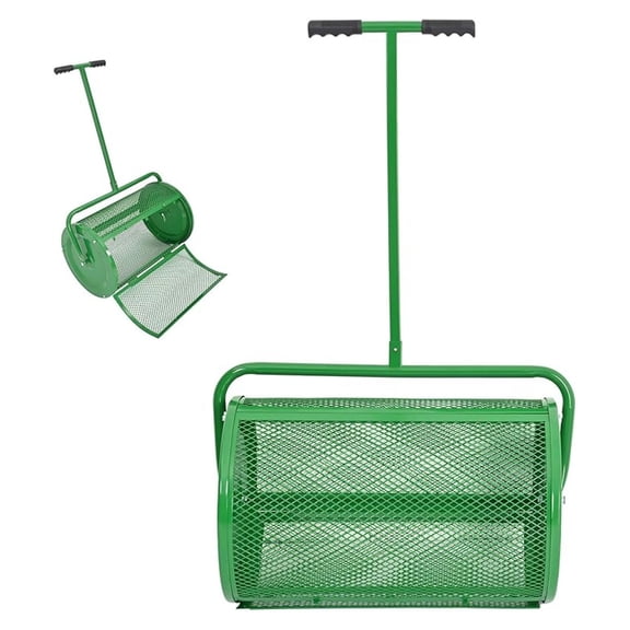24 in Compost Spreader Peat Moss Spreader T-Shaped Handle for Planting, Seeding Lawn Garden Manure Spreader Green Powder Coated Steel Mesh Basket